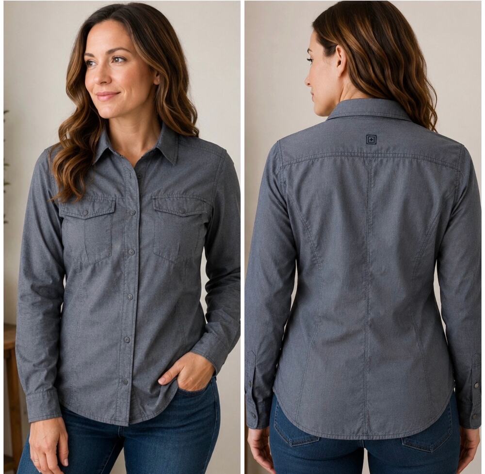 5.11 Tactical Athena Top Womens Medium Gray Long Sleeve Snap Button Workwear